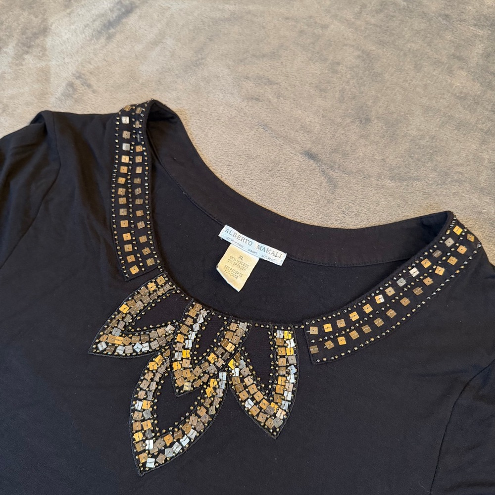 Alberto Makali Embellished T-Shirt Womens Extra Large Black Beaded Neckline